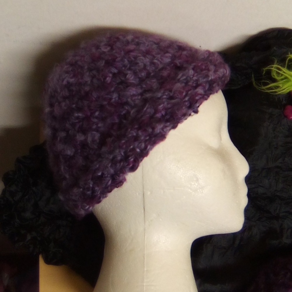 Hand Knitted Purple Beanie and Infinity Shawl - Picture 5 of 12